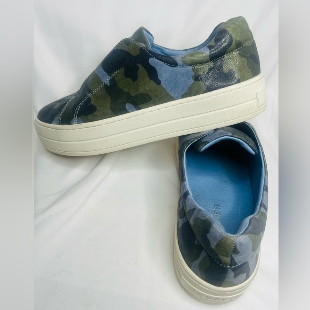 J/SLIDES NYC Heidi Blue Leather Camouflage Slip-On Sneakers